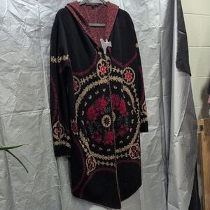 Women's Black and Red Hooded Cardigan